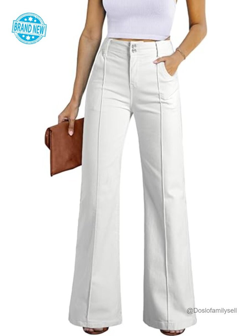 High Waisted Wide Leg Baggy Stretch Denim Jeans with Pockets